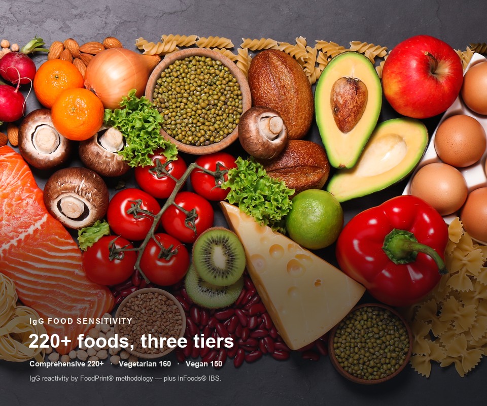 A colourful flat-lay of foods across every food group — the IgG food-sensitivity panel spans 220+ foods in three tiers.
